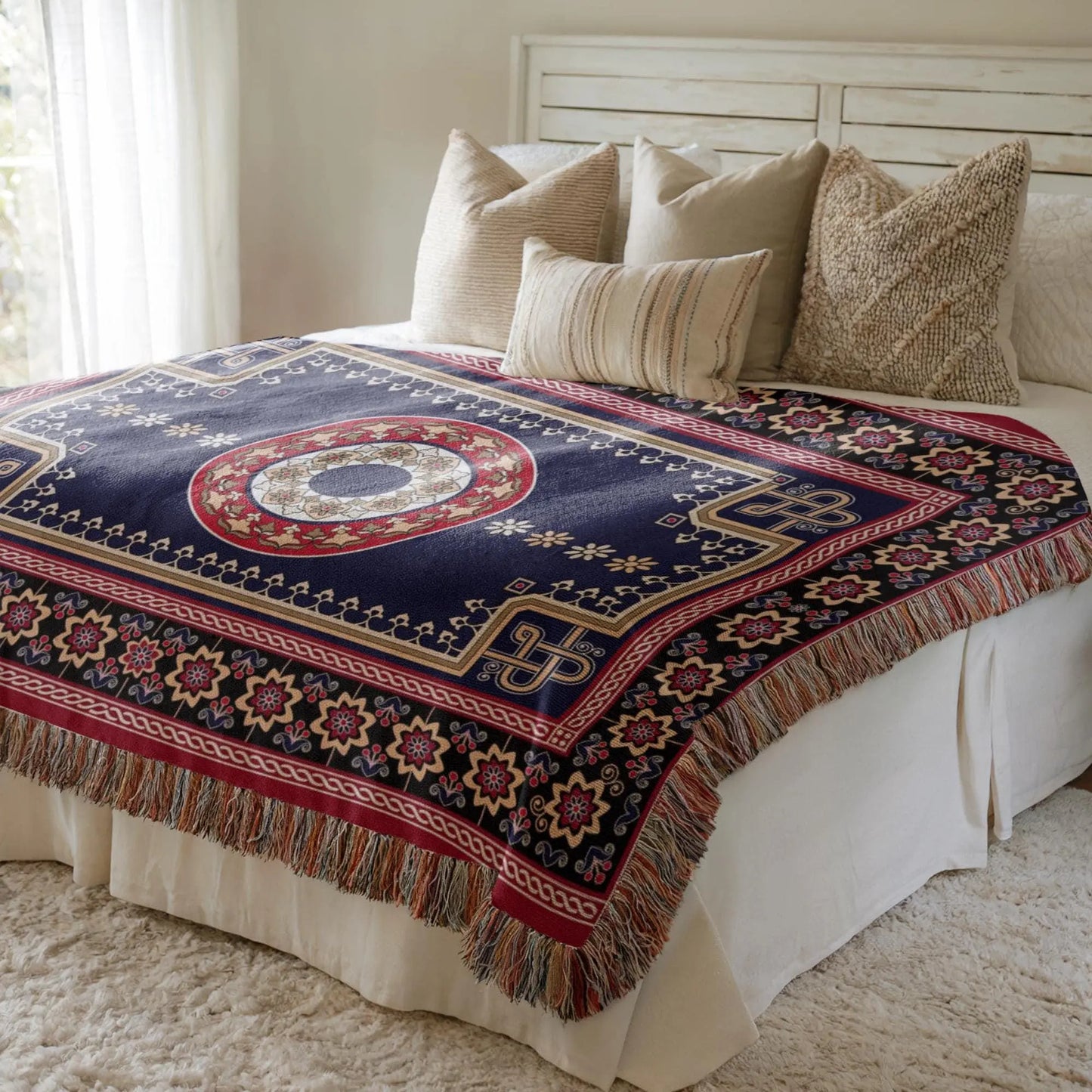 Woven Kilim Throw - Persian Rug Throw With Colorful Fringed Edge Blanket