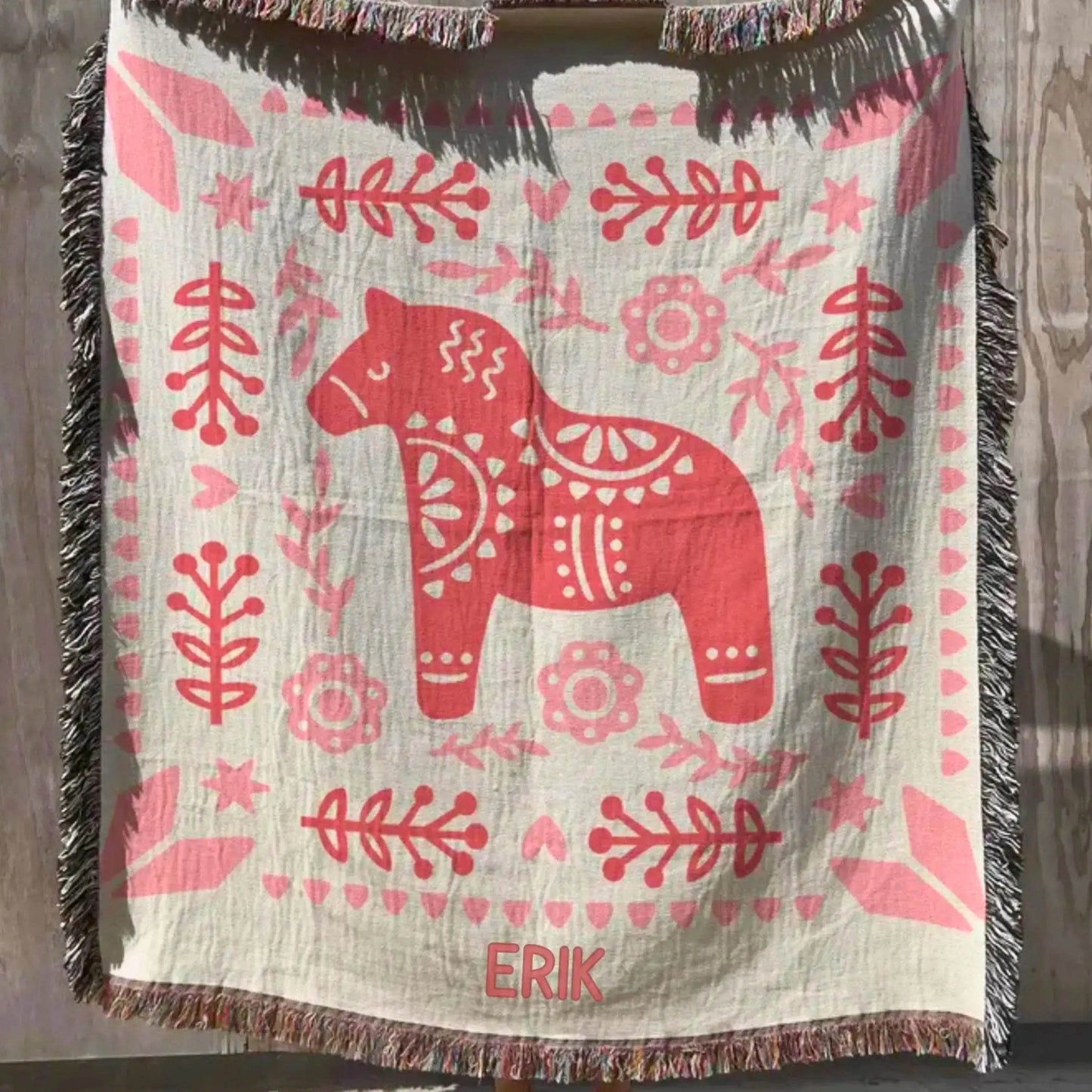 Dala Horse Blanket – Scandinavian Woven Throw | Cozy Nordic Bedspread Gift - timelessbohochic.com