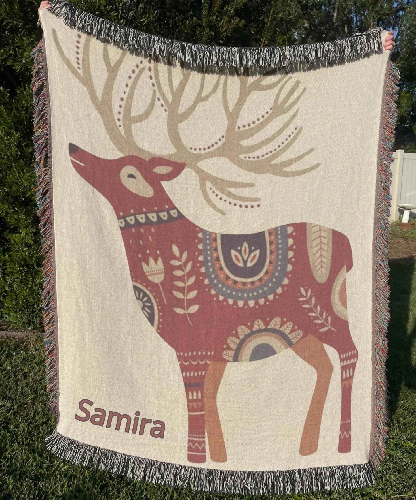 Dala Reindeer Blanket - Scandinavian Throw With Colorful Fringe | Cozy Cotton Yarn - timelessbohochic.com