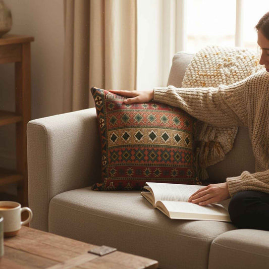 Anatolian Inspired pillow cover with rug-style pattern styled on a sofa or bed
