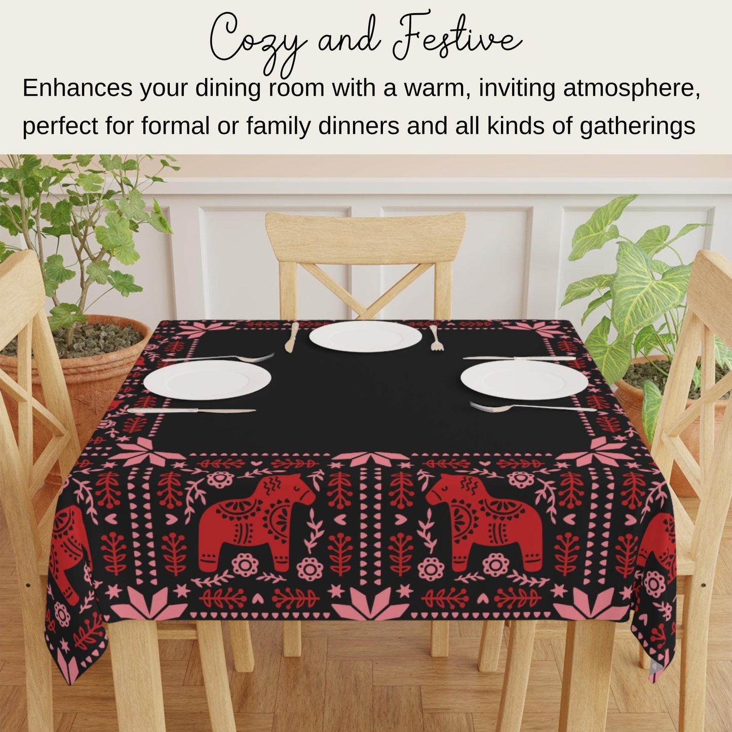 Scandi Dala Horse Tablecloth - Nordic Holiday Table Cover | Cozy Winter Dining Accent