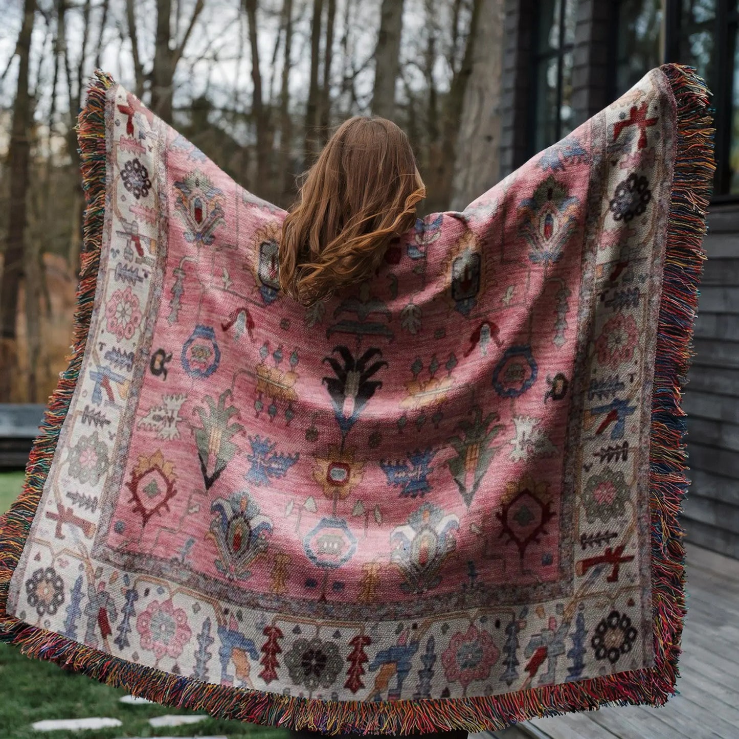 Woven Throw Blanket - Turkish Picnic Coverlet With Soft Cotton Fringed Edges