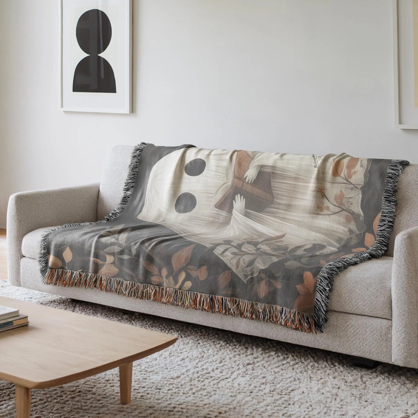 Cute Ghost Throw Blanket - Cozy Fall Cotton Woven Throw With Colorful Fringed Edges