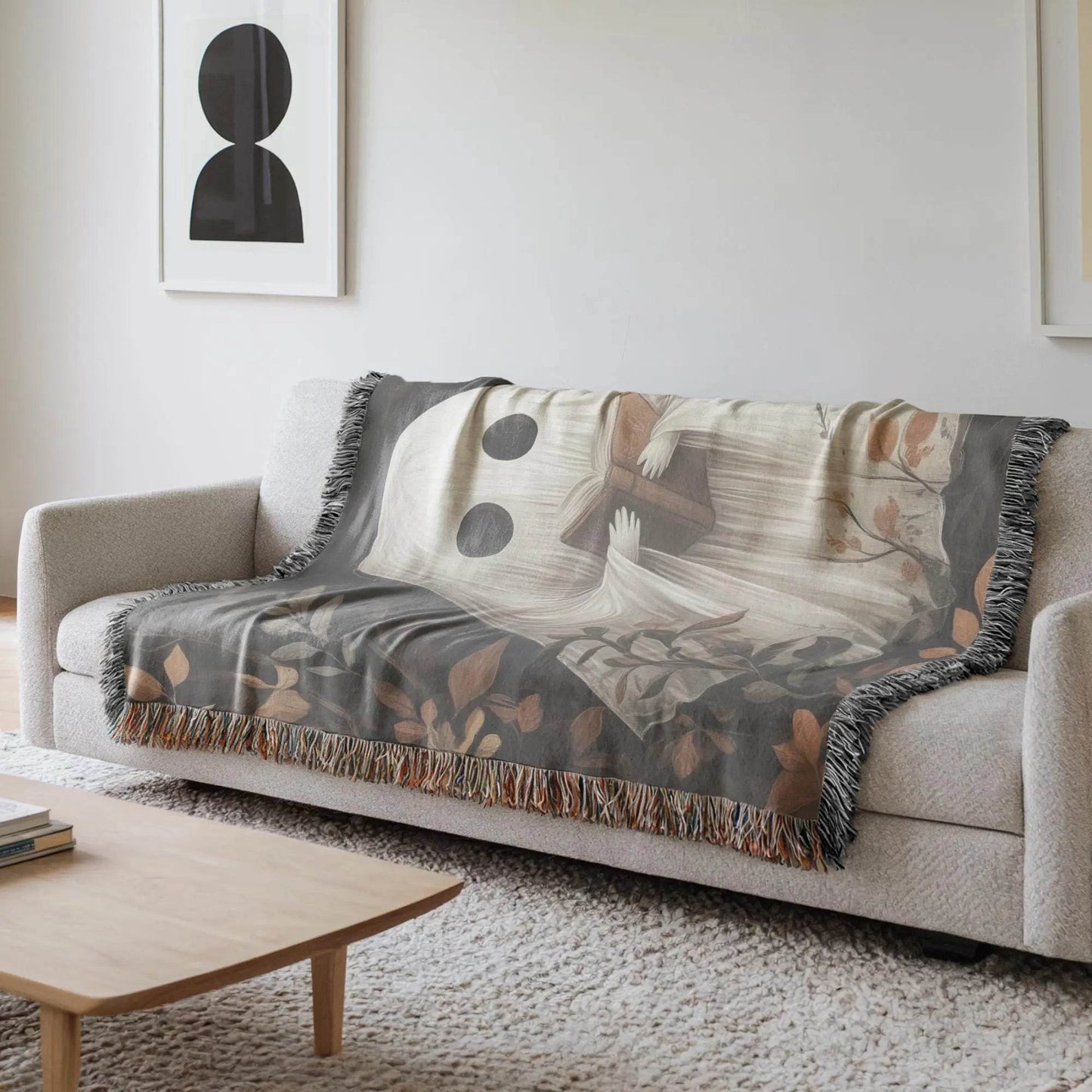 Cute Ghost Throw Blanket - Cozy Fall Cotton Woven Throw With Colorful Fringed Edges - timelessbohochic.com