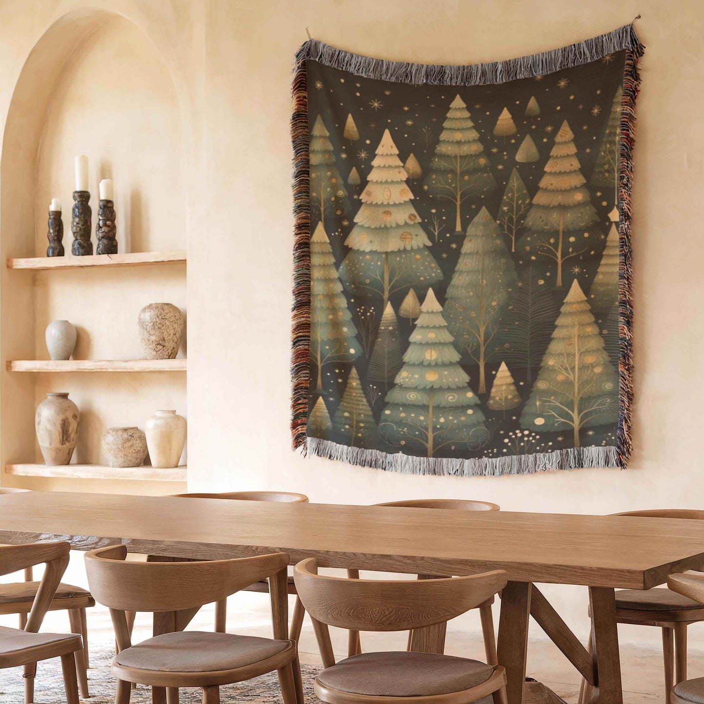 Festive Forest Wall Tapestry – Woven Cotton Blanket with Christmas Trees & Fringed Edges - timelessbohochic.com