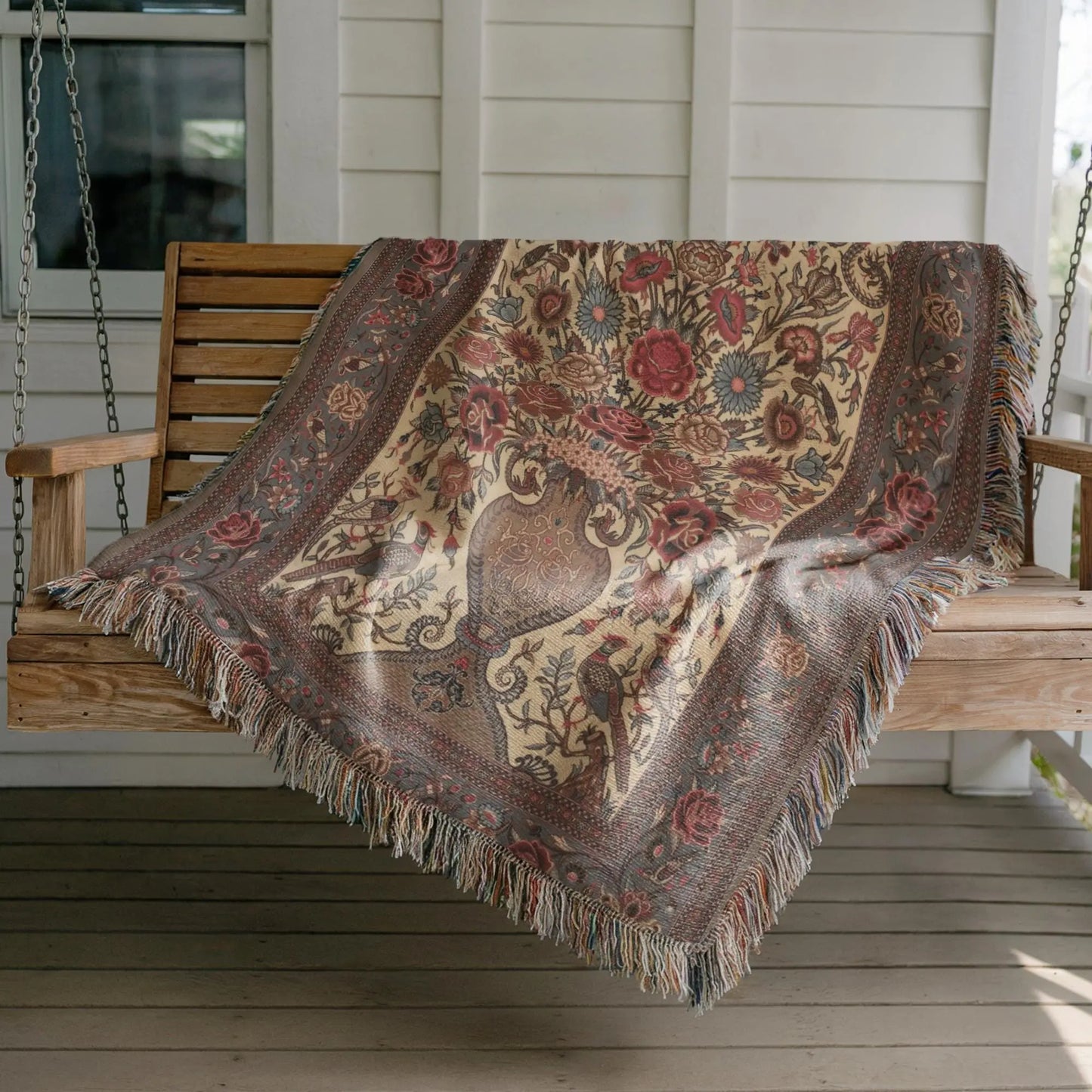 Persian Vase Woven Wall - Cotton Throw Blanket With Colorful Fringed Edges