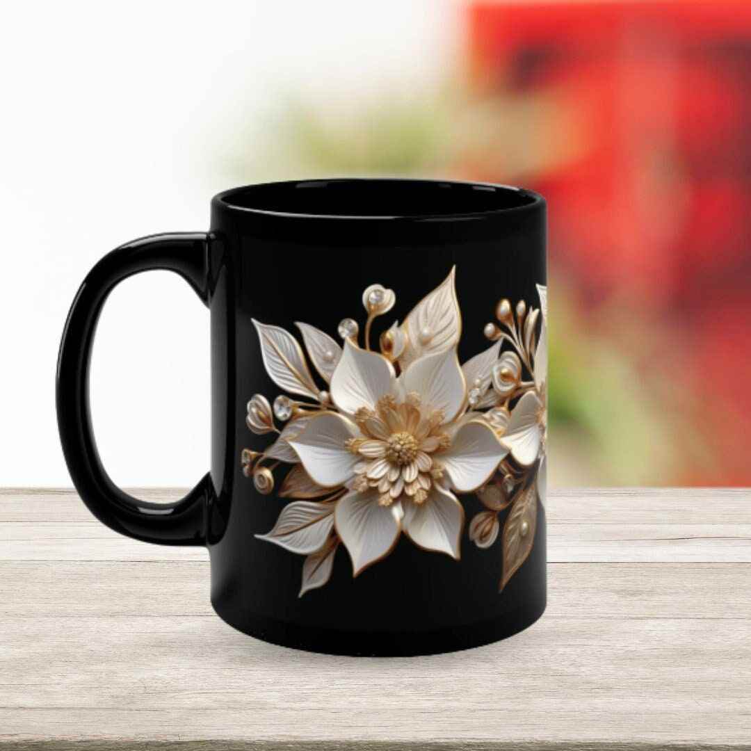 Christmas Tea Cup - Black Ceramic Mug with Retro Poinsettia Design | Microwave Safe - timelessbohochic.com