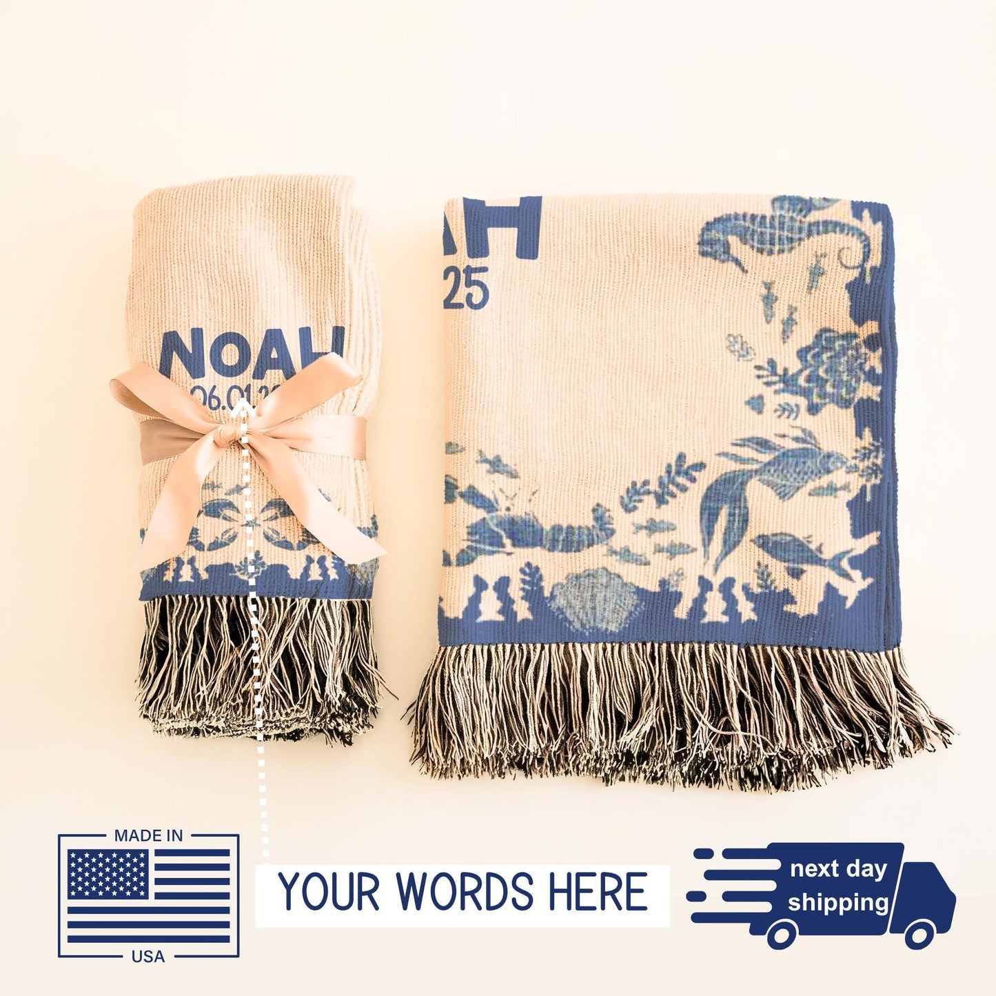 Personalized Baby Blanket - Ocean Theme Woven Throw with Name & Date, Custom Cotton