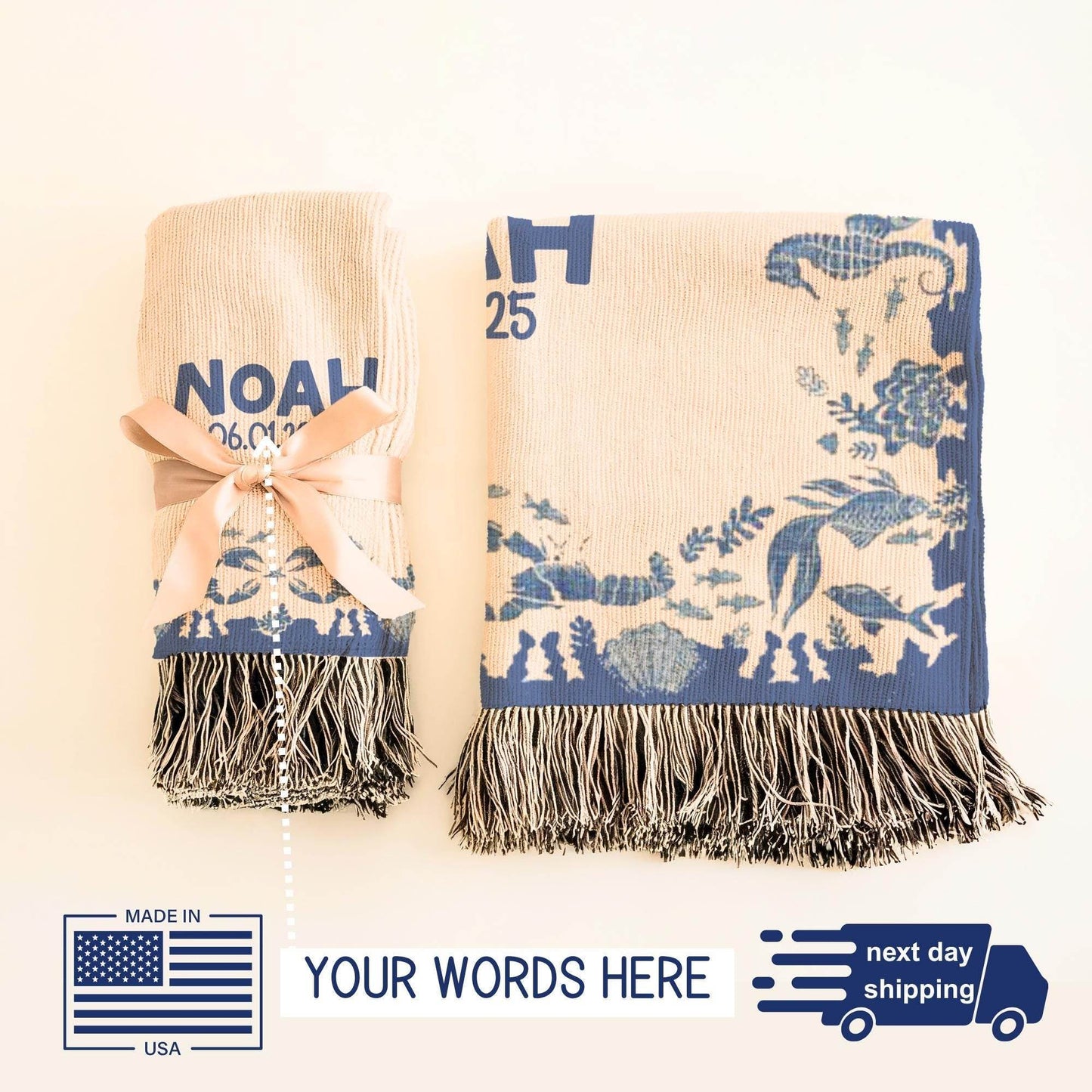 Personalized Cotton Woven Blanket - Ocean Theme Throw with Name & Date - timelessbohochic.com
