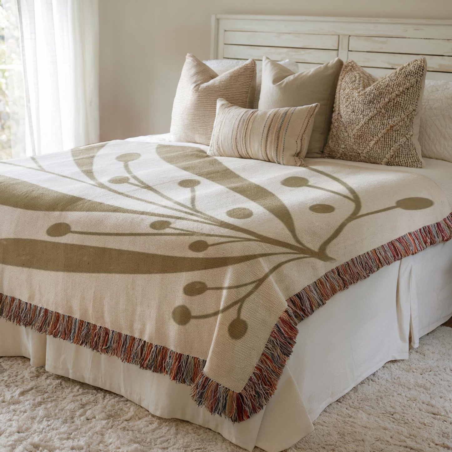 Linden Leaf Woven Blanket - Mid Century Throw With Botanical Pattern & Cozy Cotton
