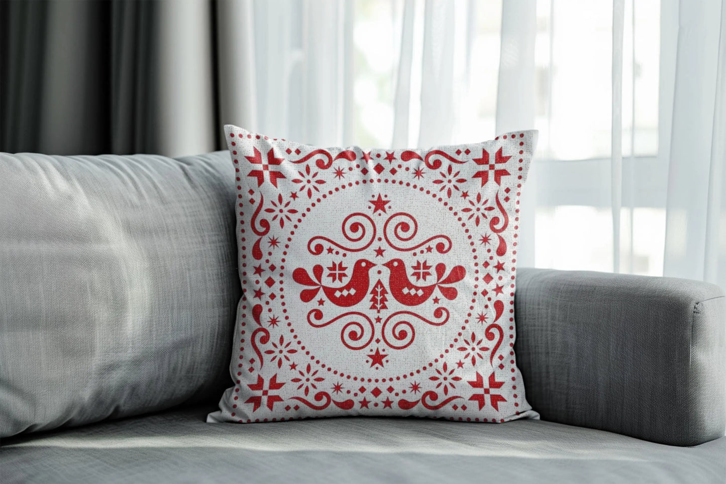 Nordic Woven Cushion - Scandinavian Throw Pillow With Rustic Red Bird Design