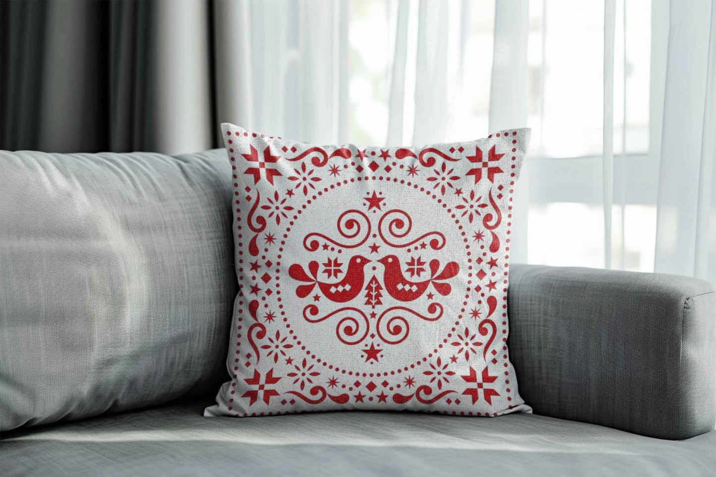 Nordic Woven Cushion - Scandinavian Throw Pillow With Rustic Red Bird Design - timelessbohochic.com