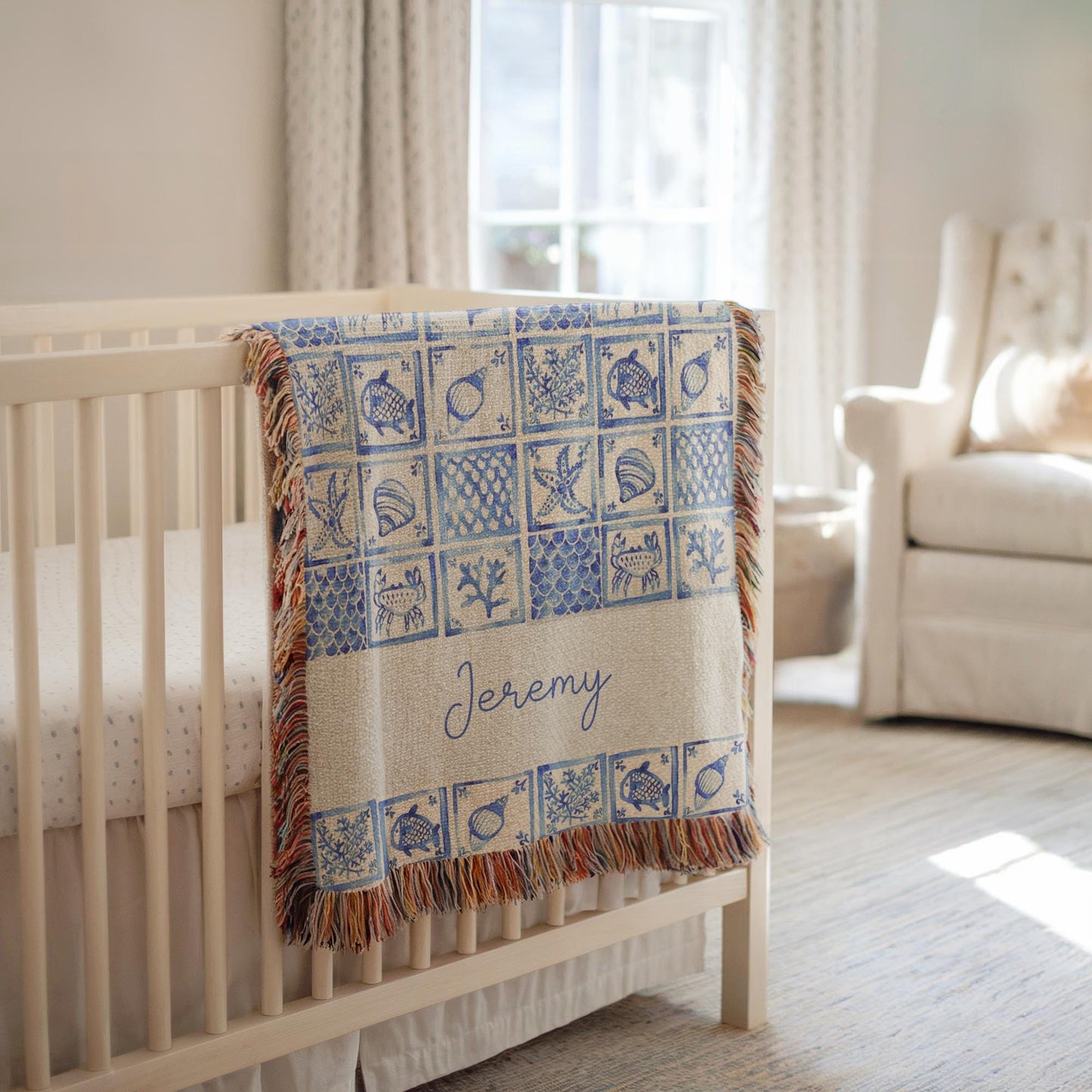 Personalized Baby Blanket - Custom Woven Ocean Nursery Decor | Sea Creatures Design, Cotton Quilt