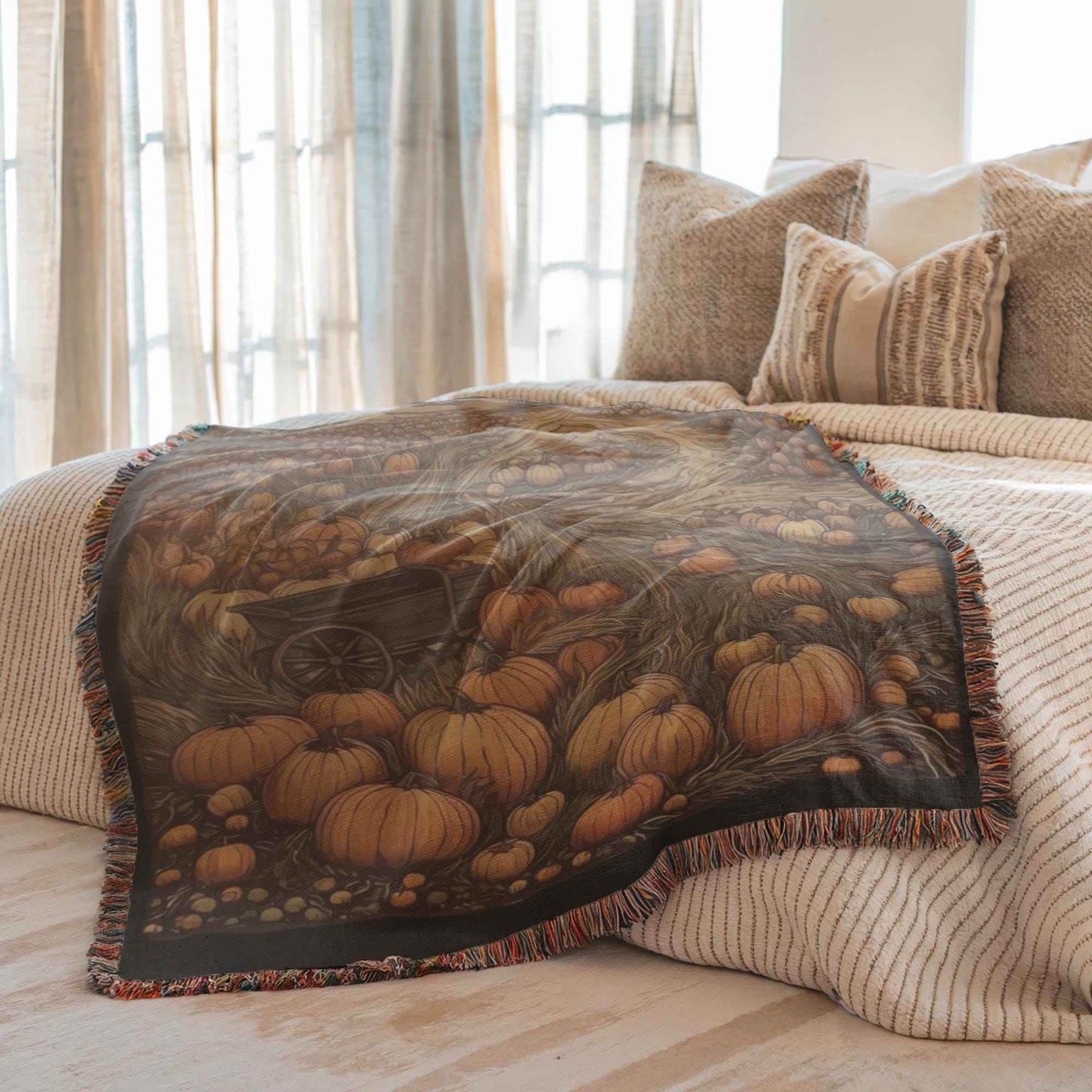 Pumpkin Patch Bedding - Harvest Season Blanket With Cotton Woven Throw & Colorful Fringed Edges - timelessbohochic.com
