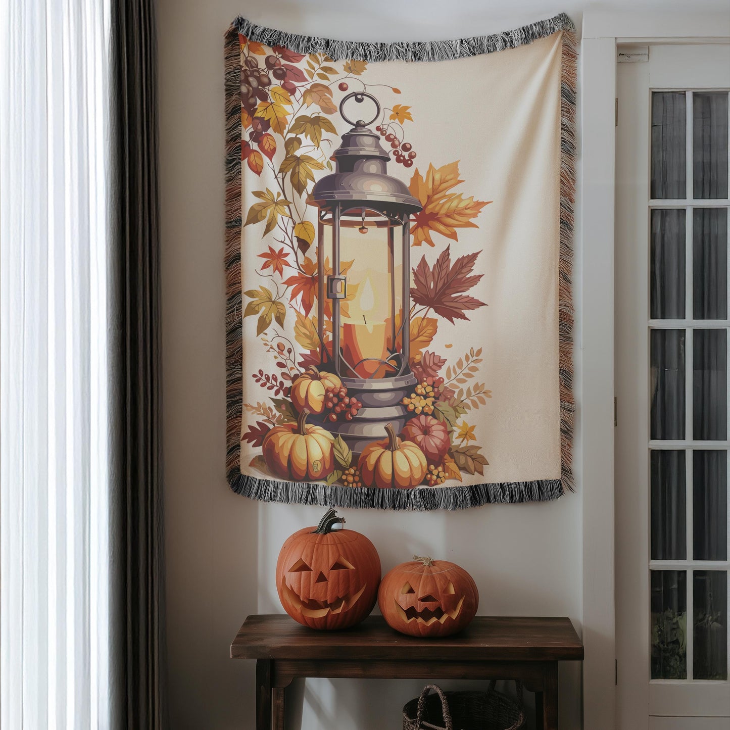 Woven Fall Blanket - Cozy Cotton Fringe Throw With Pumpkin Decor & Lantern Design