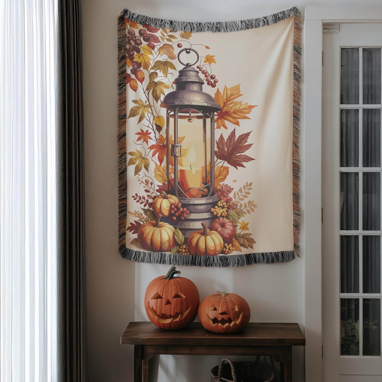 Woven Fall Blanket - Cozy Cotton Fringe Throw With Pumpkin Decor & Lantern Design - timelessbohochic.com