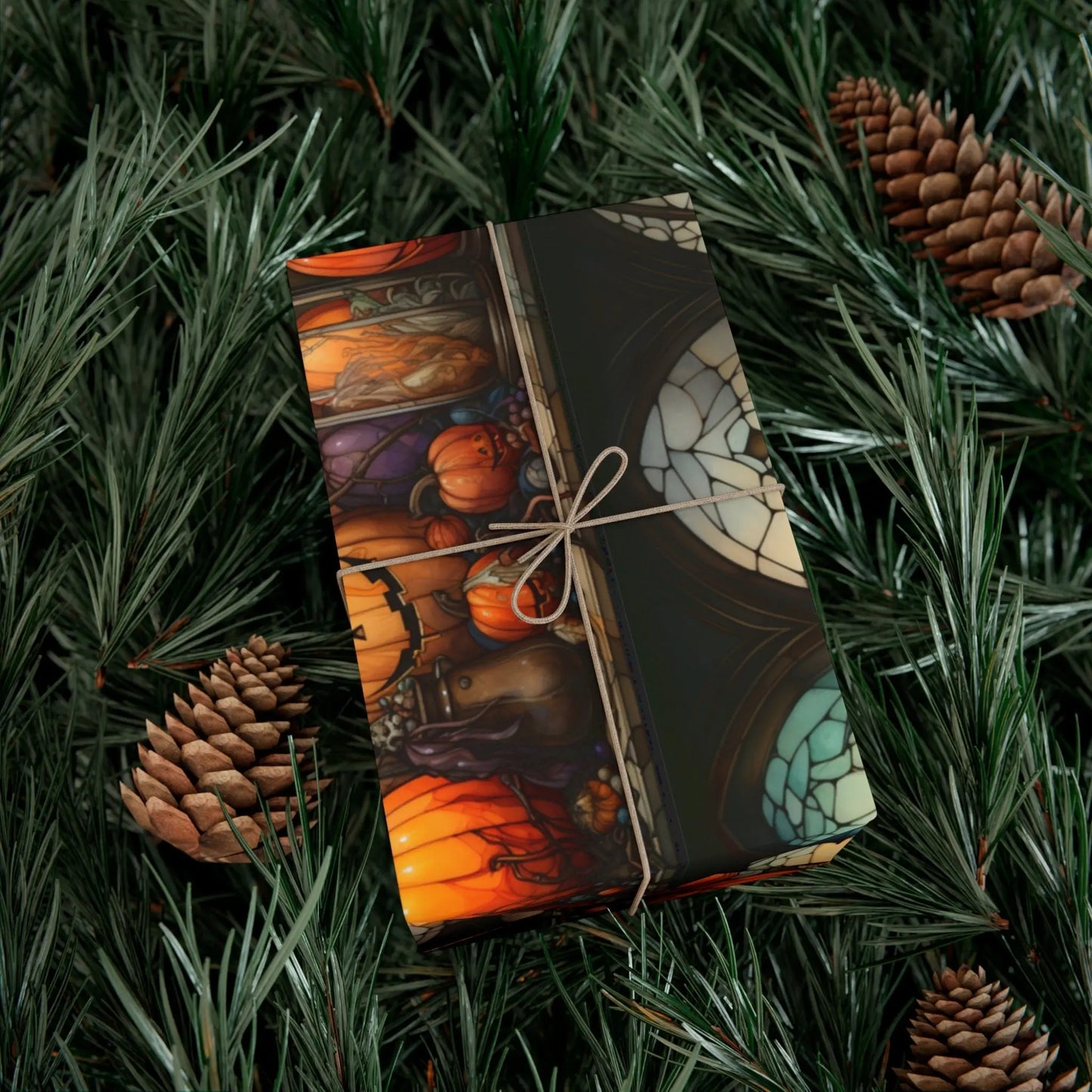 Halloween Gift Wrap Paper - Spooky Stain Glass Pumpkin & Creepy Bat Design