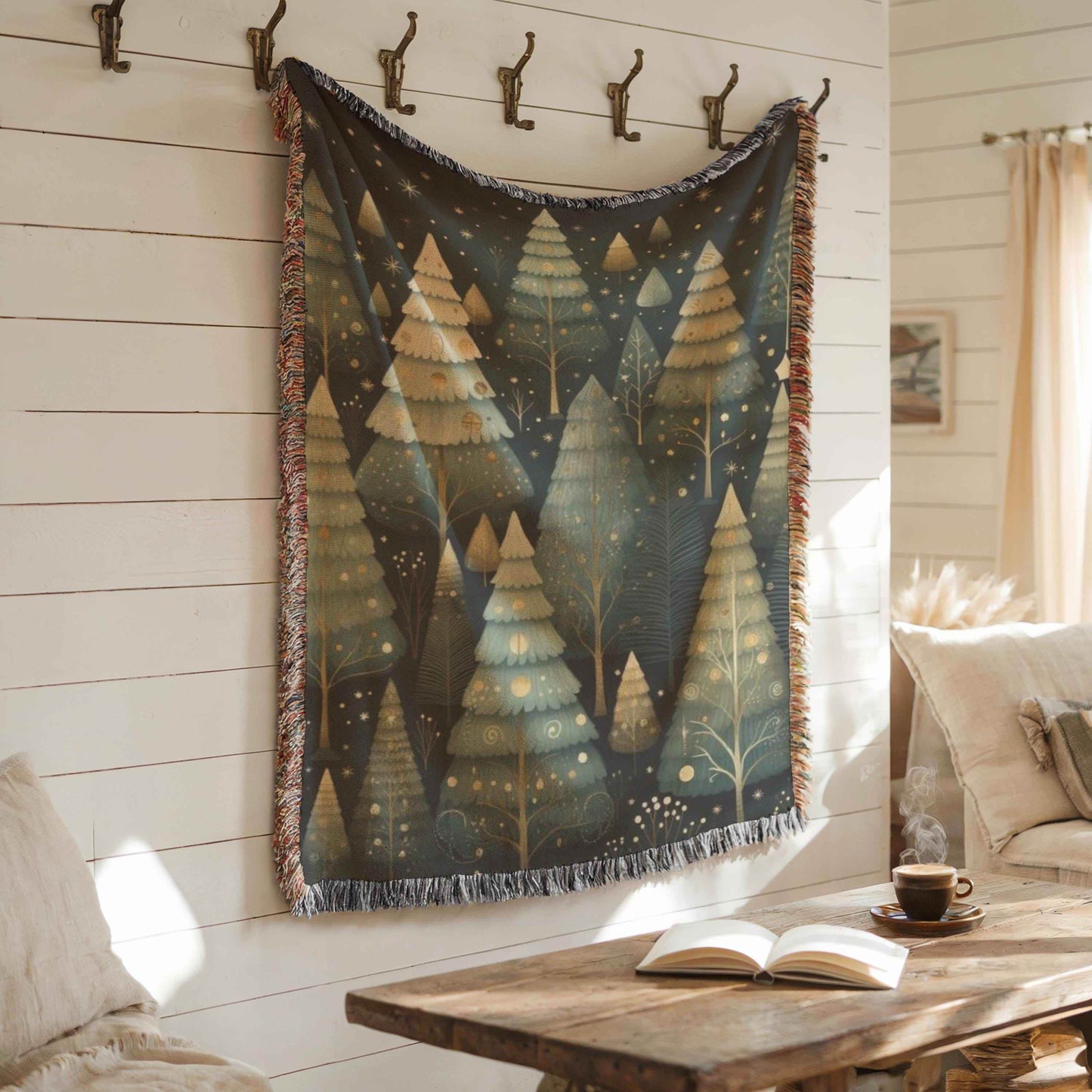Festive Forest Wall Tapestry – Woven Cotton Blanket with Christmas Trees & Fringed Edges - timelessbohochic.com