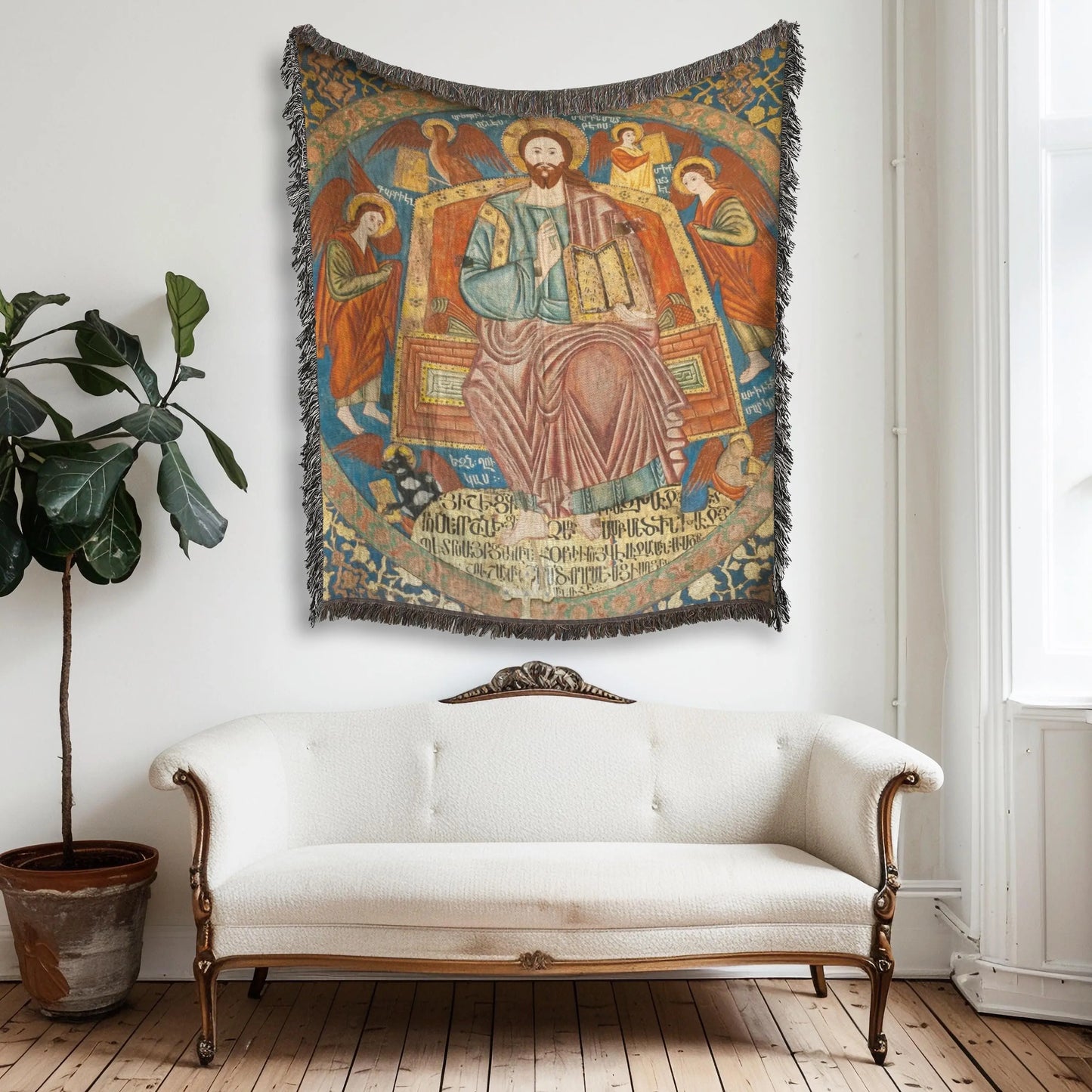 Armenian Cotton Blanket – Woven Miniature Design, Cultural Sofa Throw with Colorful Fringed Edges