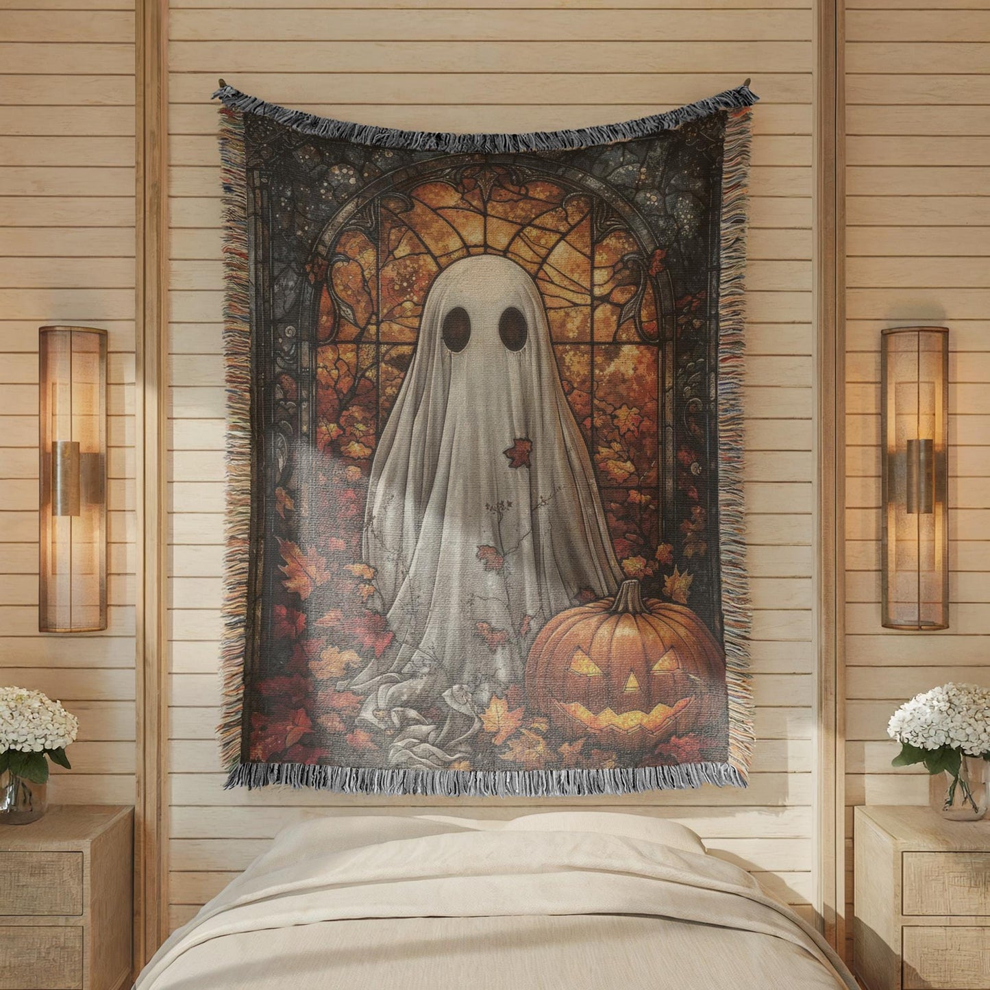 Halloween Decor Blanket - Festive Fall Cotton Throw With Ghost Pumpkin & Stained Glass Motif