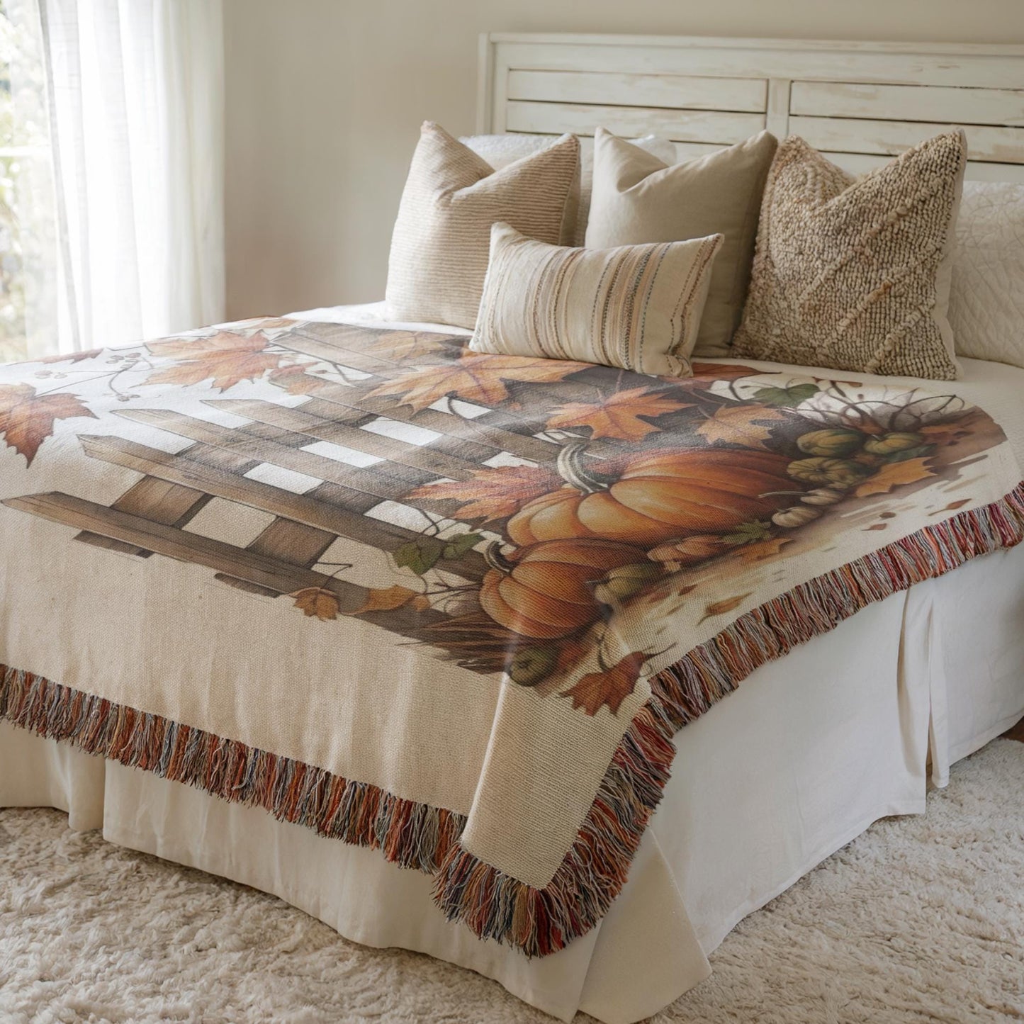 Thanksgiving Blanket, Farmhouse Design with Leaves Pumpkin and Picket Fence, Harvest Season Bedding, Fall Bed Cover, Gift for Dad Daddy Pop