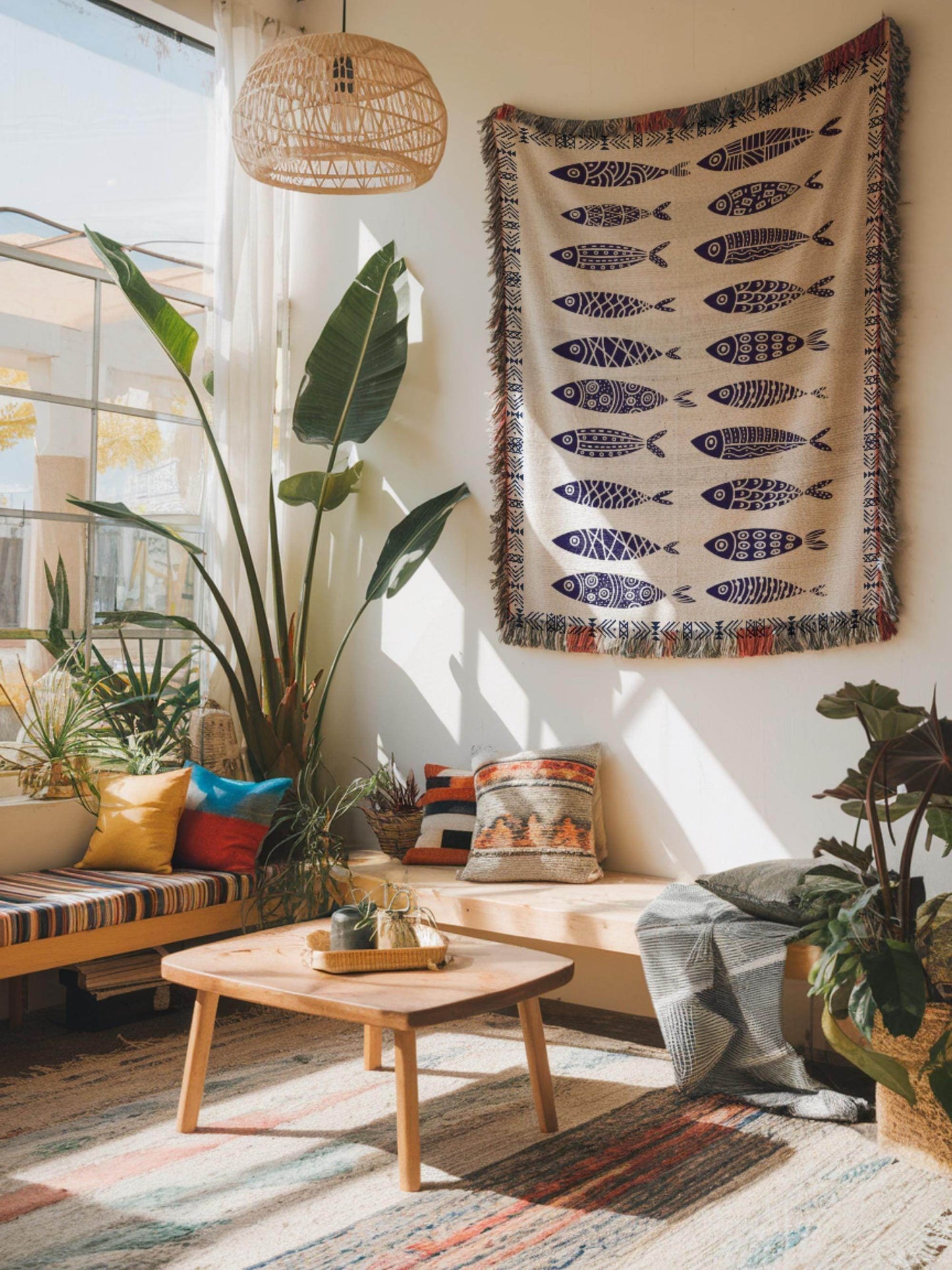 Sardine Blanket - Ethnic Fish Tapestry Woven Cotton Blanket for Coastal Home Decor - timelessbohochic.com