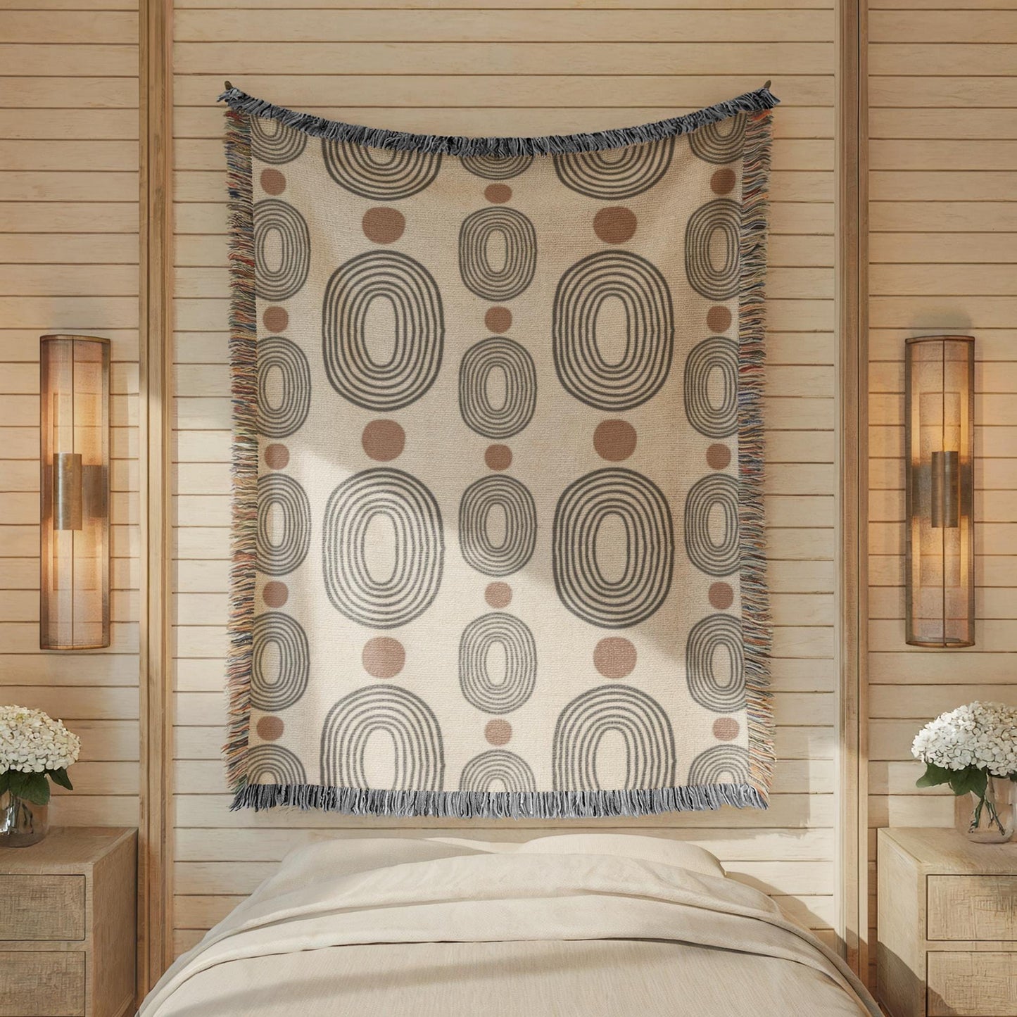 Modern Woven Blanket – Black Ovals Rust Dots | Mid Century Tapestry Throw