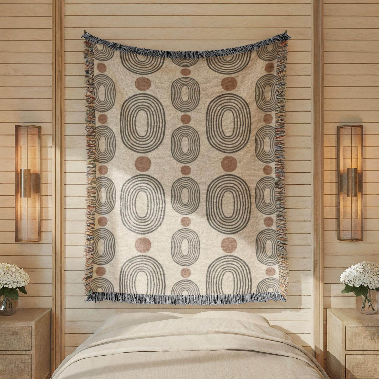 Modern Woven Blanket – Black Ovals Rust Dots | Mid Century Tapestry Throw - timelessbohochic.com