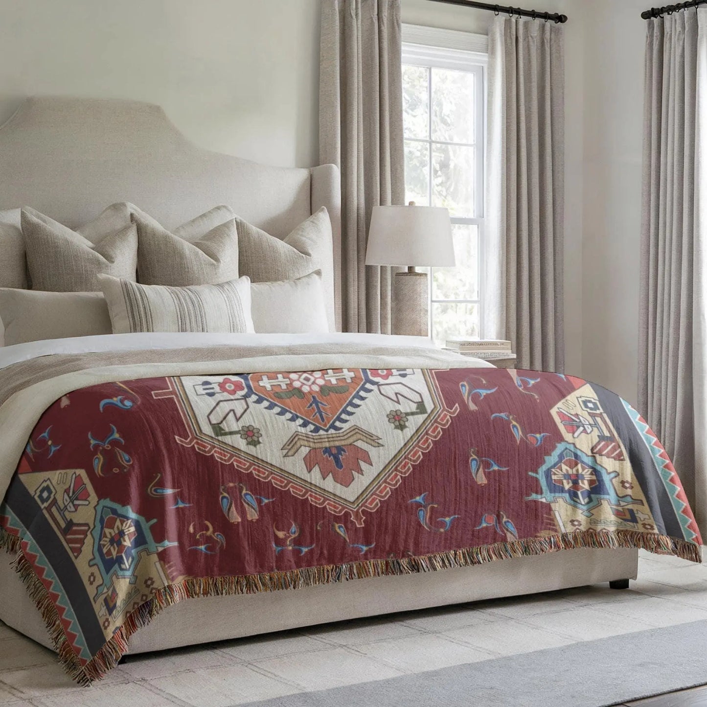 Anatolian Throw Blanket – Armenian Alphabet Cotton Woven Throw with Fringed Edge