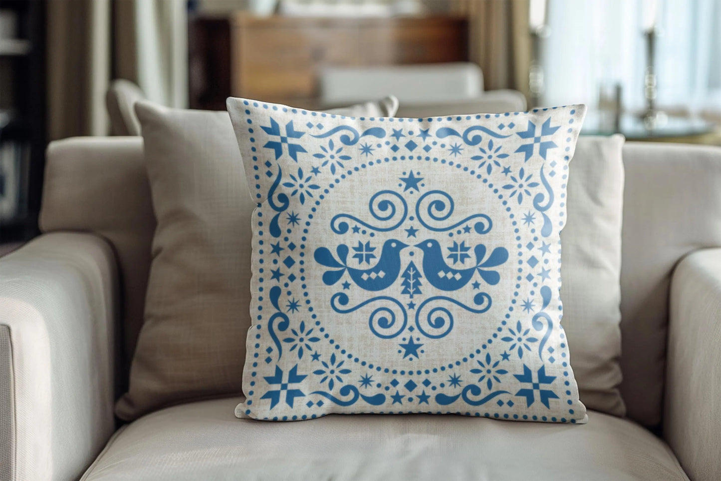 Blue Bird Cushion – Nordic Folk Pillow | Scandi Sofa Cushion | Woven Boho Throw
