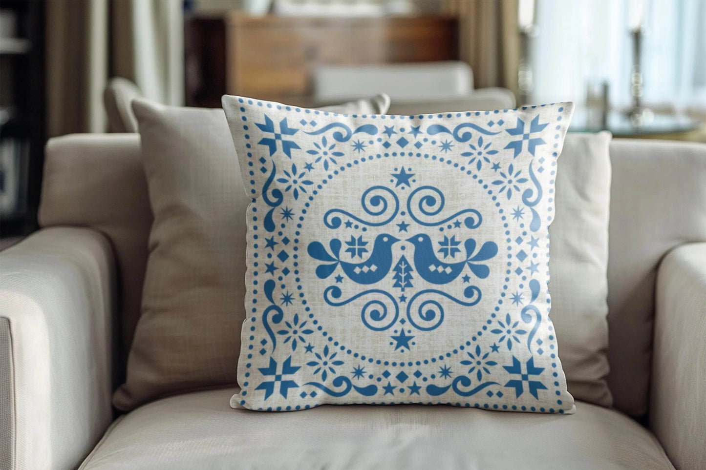 Blue Bird Cushion – Nordic Folk Pillow | Scandi Sofa Cushion | Woven Boho Throw - timelessbohochic.com