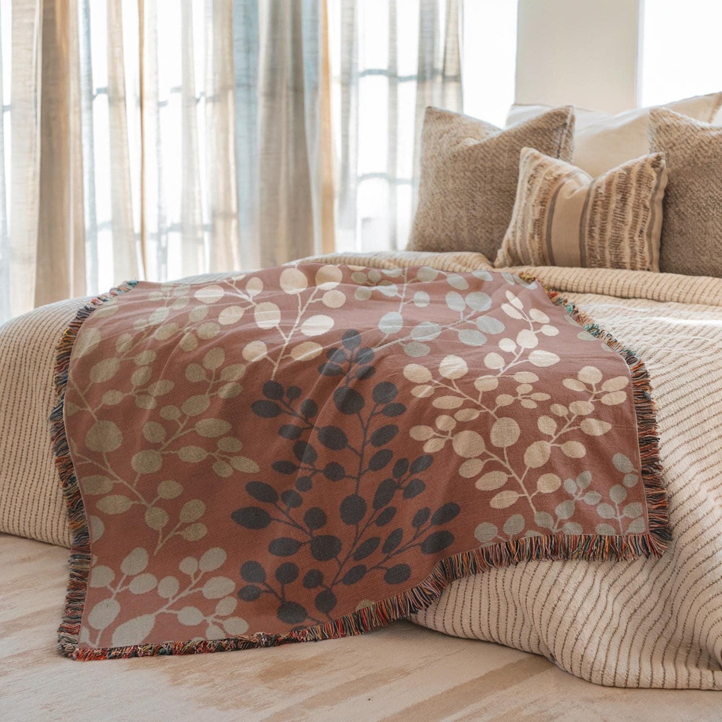 Woven Floral Blanket - Japanese Style Throw With Fringed Edges | Minimalist Home Decor