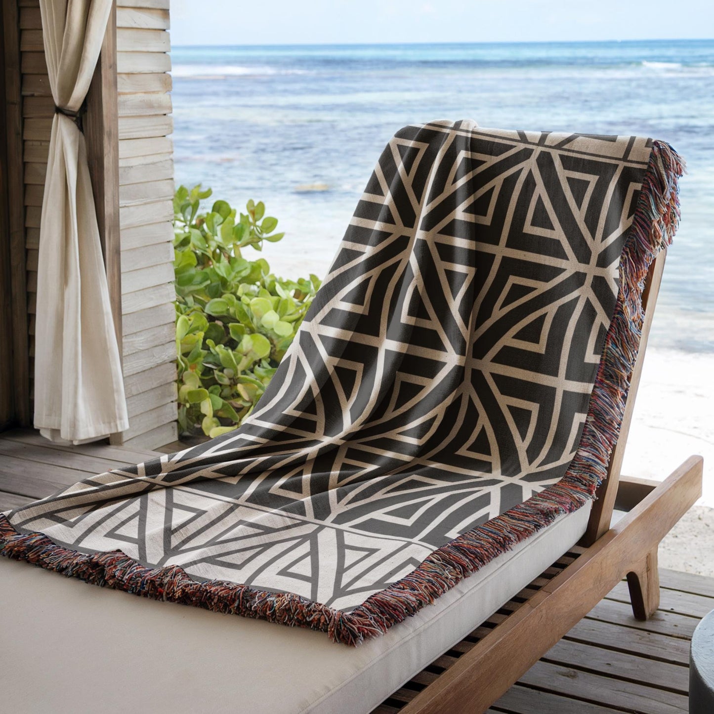 Woven Cotton Blanket - Modern Black White Geometric Pattern Throw With Fringed Edges