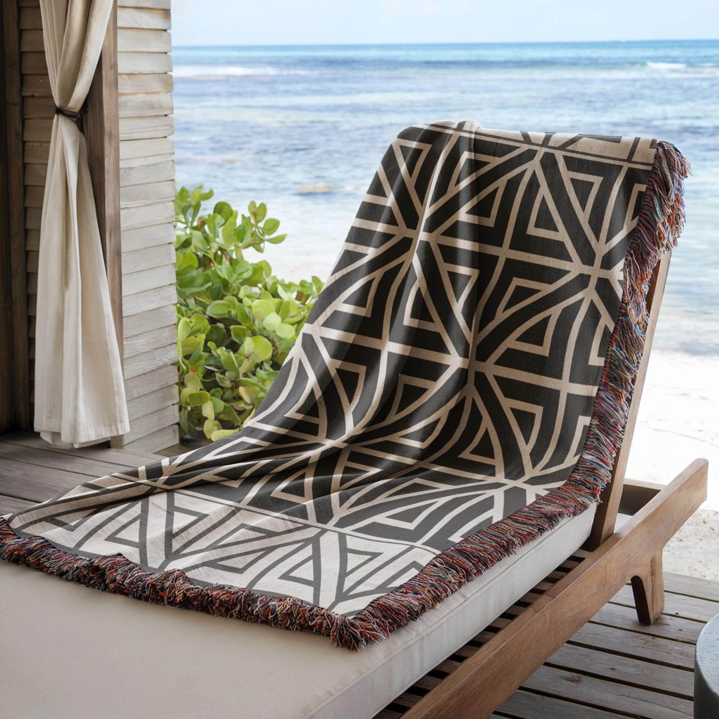 Woven Cotton Blanket - Modern Black White Geometric Pattern Throw With Fringed Edges - timelessbohochic.com