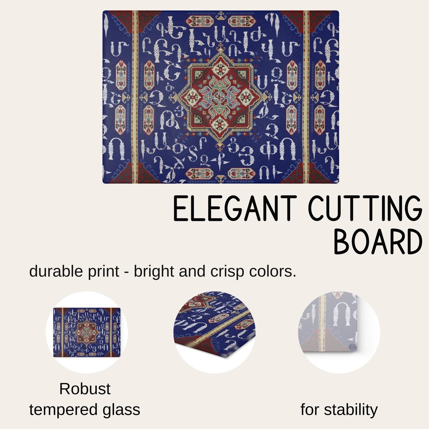 Armenian Glass Cutting Board – Blue White Alphabet Kitchen Decor | Tempered Glass, Non Slip
