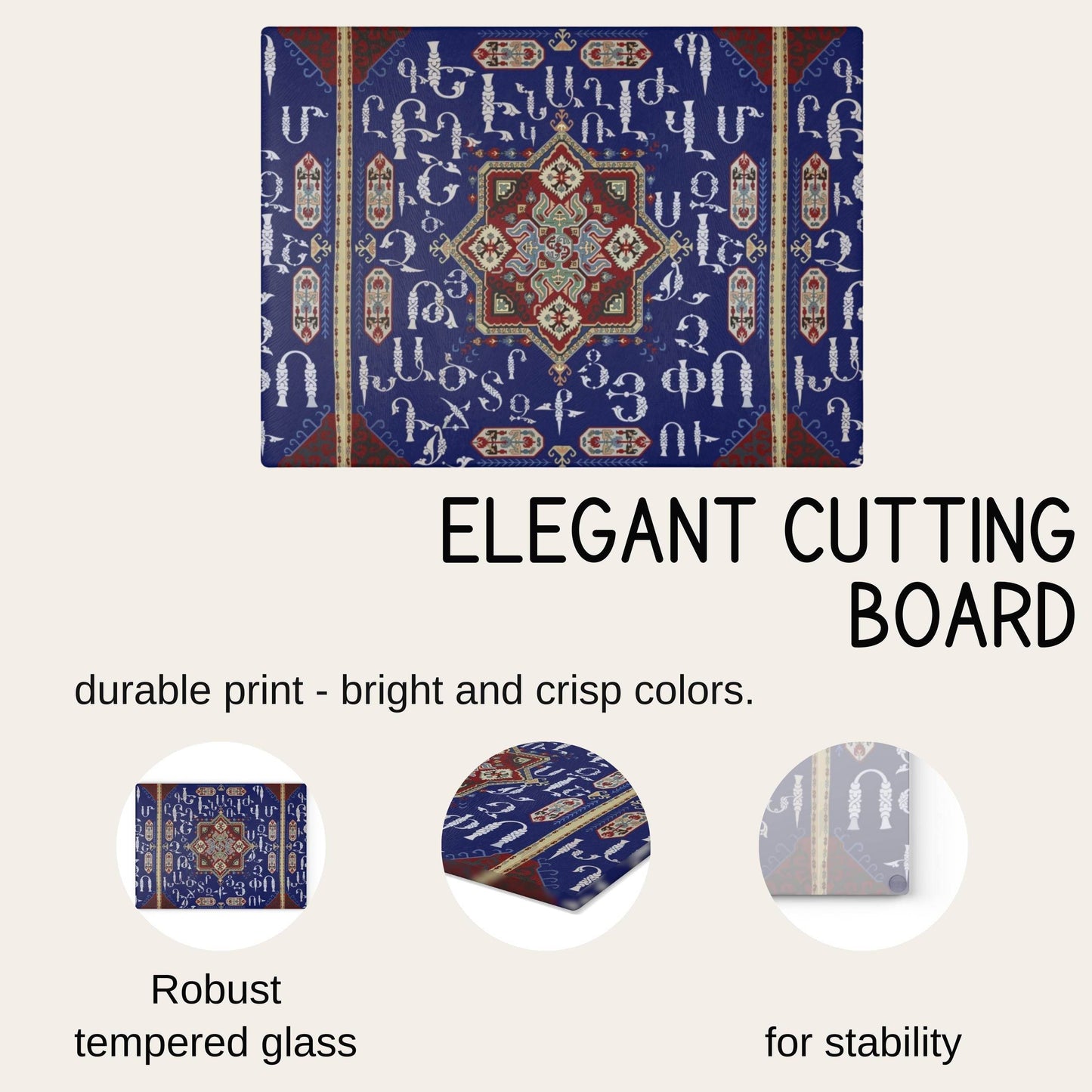Armenian Glass Cutting Board – Blue White Alphabet Kitchen Decor | Tempered Glass, Non Slip - timelessbohochic.com