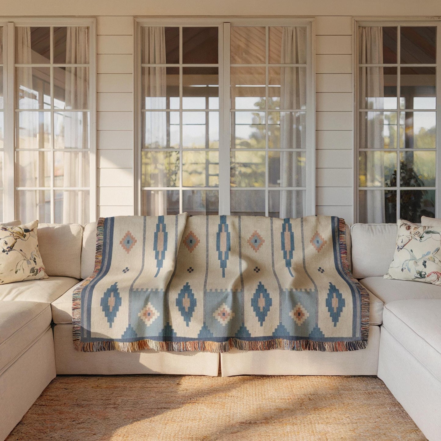 Woven Cotton Blanket – Summer Throw Blanket With Scandi Ethnic Pattern & Colorful Fringed Edges