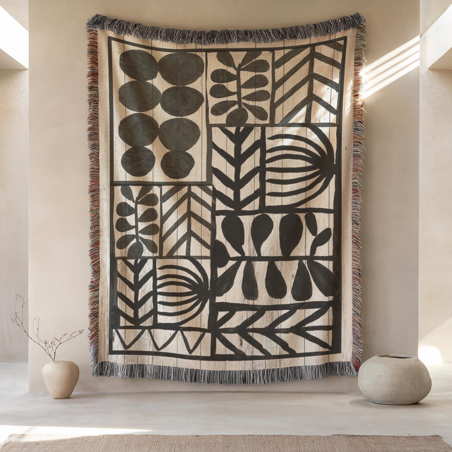 Geometric Wall Hanging – Black White Cotton Tapestry with Minimalist Pattern
