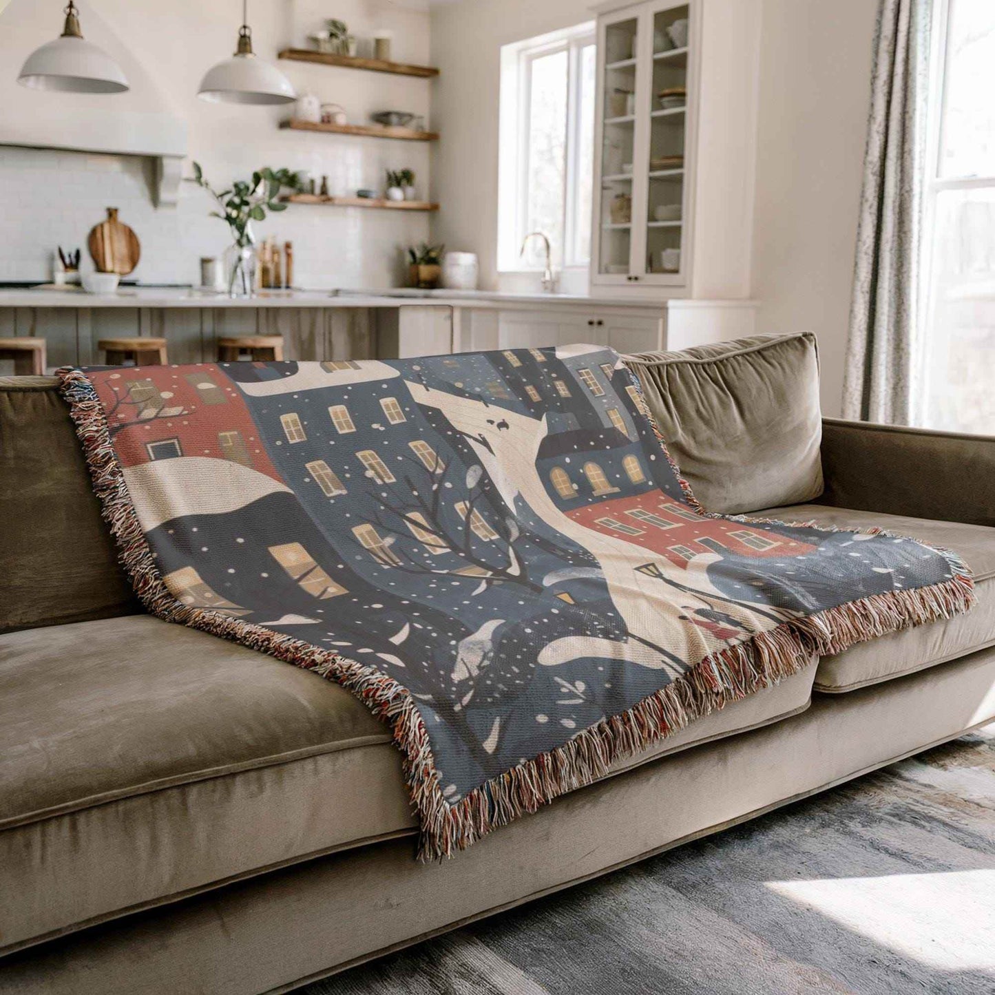 Christmas Village Throw Blanket - Cozy Cotton Holiday Throw With Fringed Edge - timelessbohochic.com