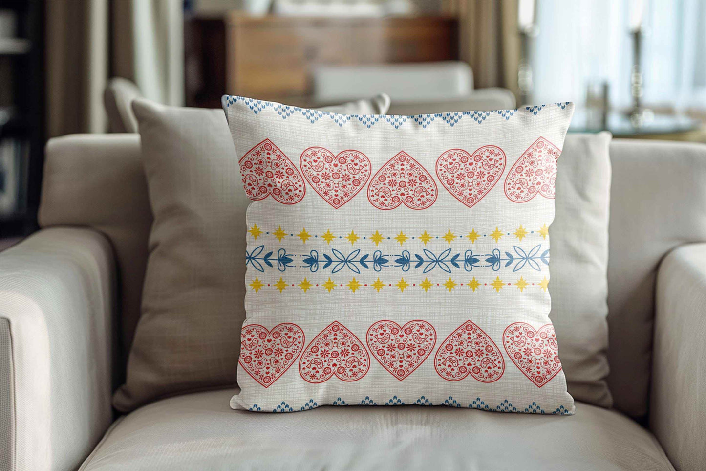 Scandi Woven Pillow - Red Hearts & Yellow Stars | Cozy Nordic Cushion Cover - timelessbohochic.com