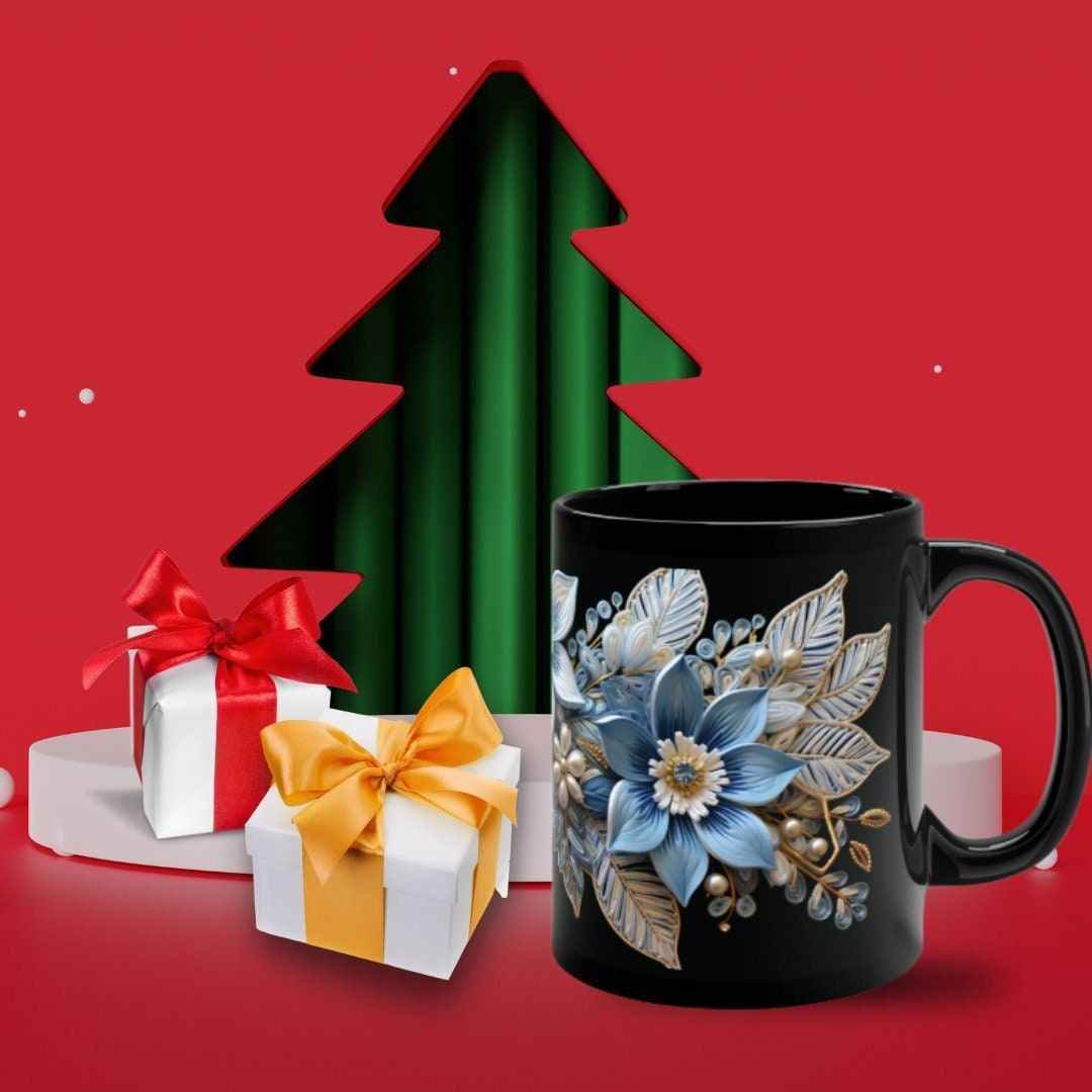 Christmas Ceramic Mug – Pale Blue Poinsettia Design | 11oz Durable Microwave Safe Cup - timelessbohochic.com