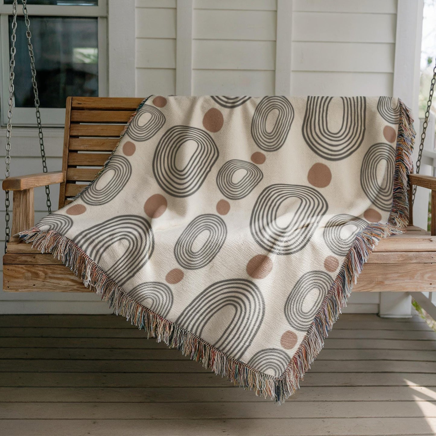Modern Woven Blanket – Black Ovals Rust Dots | Mid Century Tapestry Throw