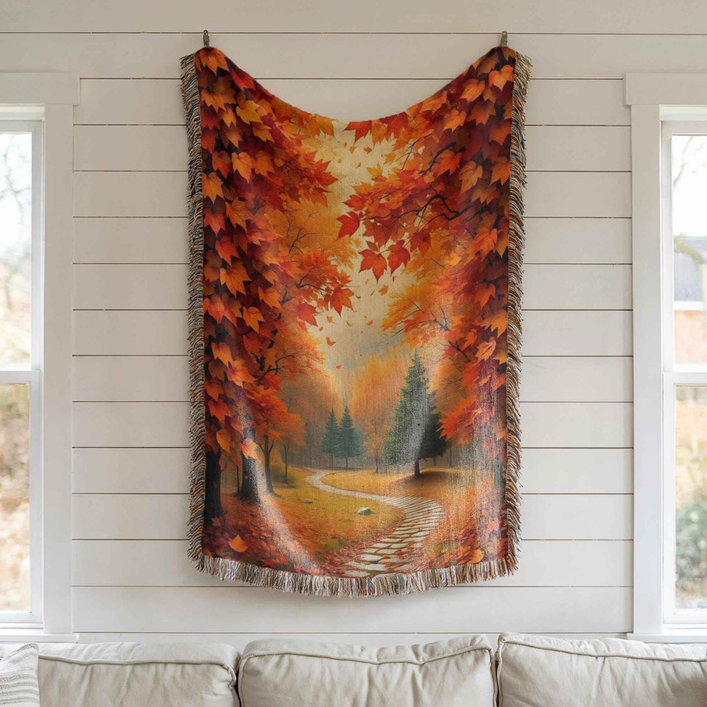 Cotton Throw Blanket – Cozy Fall Blanket with Autumn Leaves Pattern & Fringed Edges - timelessbohochic.com
