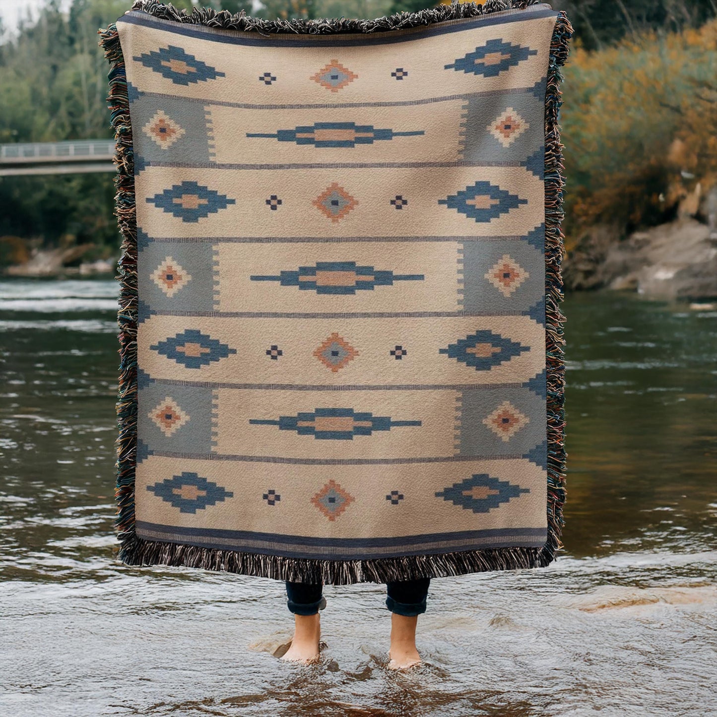 Woven Cotton Blanket – Summer Throw Blanket With Scandi Ethnic Pattern & Colorful Fringed Edges