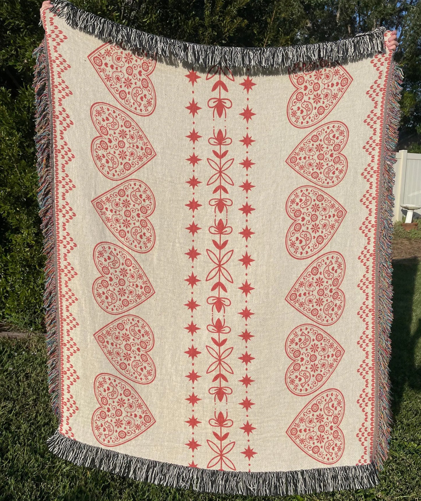 Scandi Heart Blanket – Woven Cotton Throw with Red Hearts | Cozy Nordic Gift