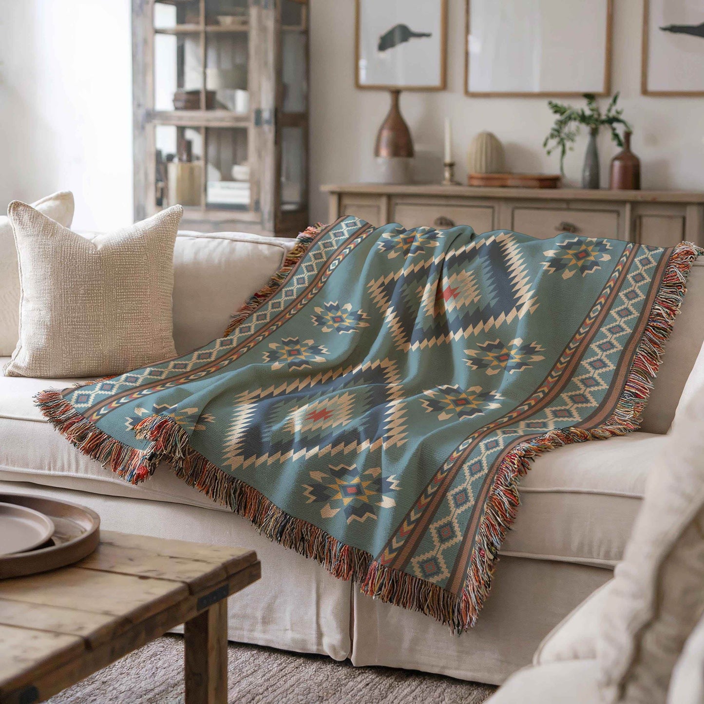 Southwestern Cotton Blanket - Navajo Design Throw With Fringed Edge Blanket - timelessbohochic.com