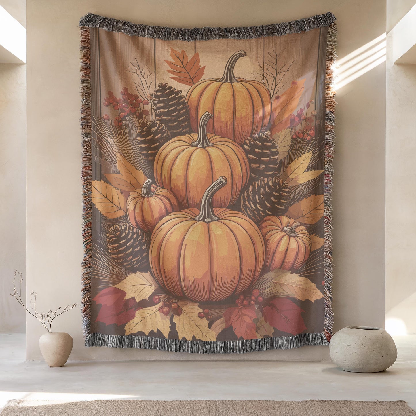 Fall Decor Thanksgiving Art Tapestry with Pumpkins Wall Hanging, Autumn Harvest Season Gift Fall Textile Wall Art for Home Decor & Fireplace