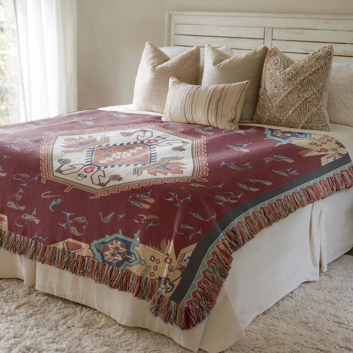 Anatolian Throw Blanket – Armenian Alphabet Cotton Woven Throw with Fringed Edge