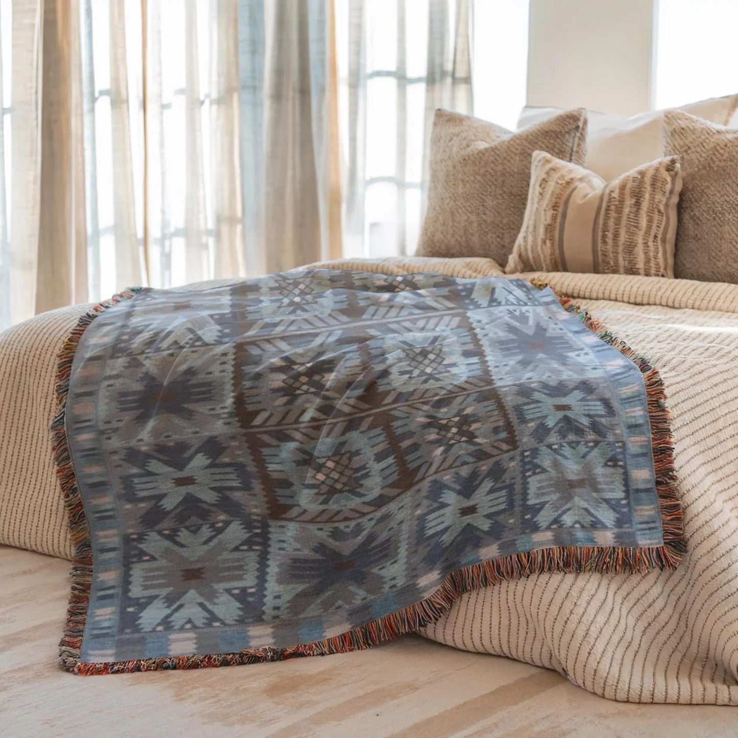 Scandi Woven Blanket – Cozy Bed Throw With Fringed Edge, Nordic Bedding Decor