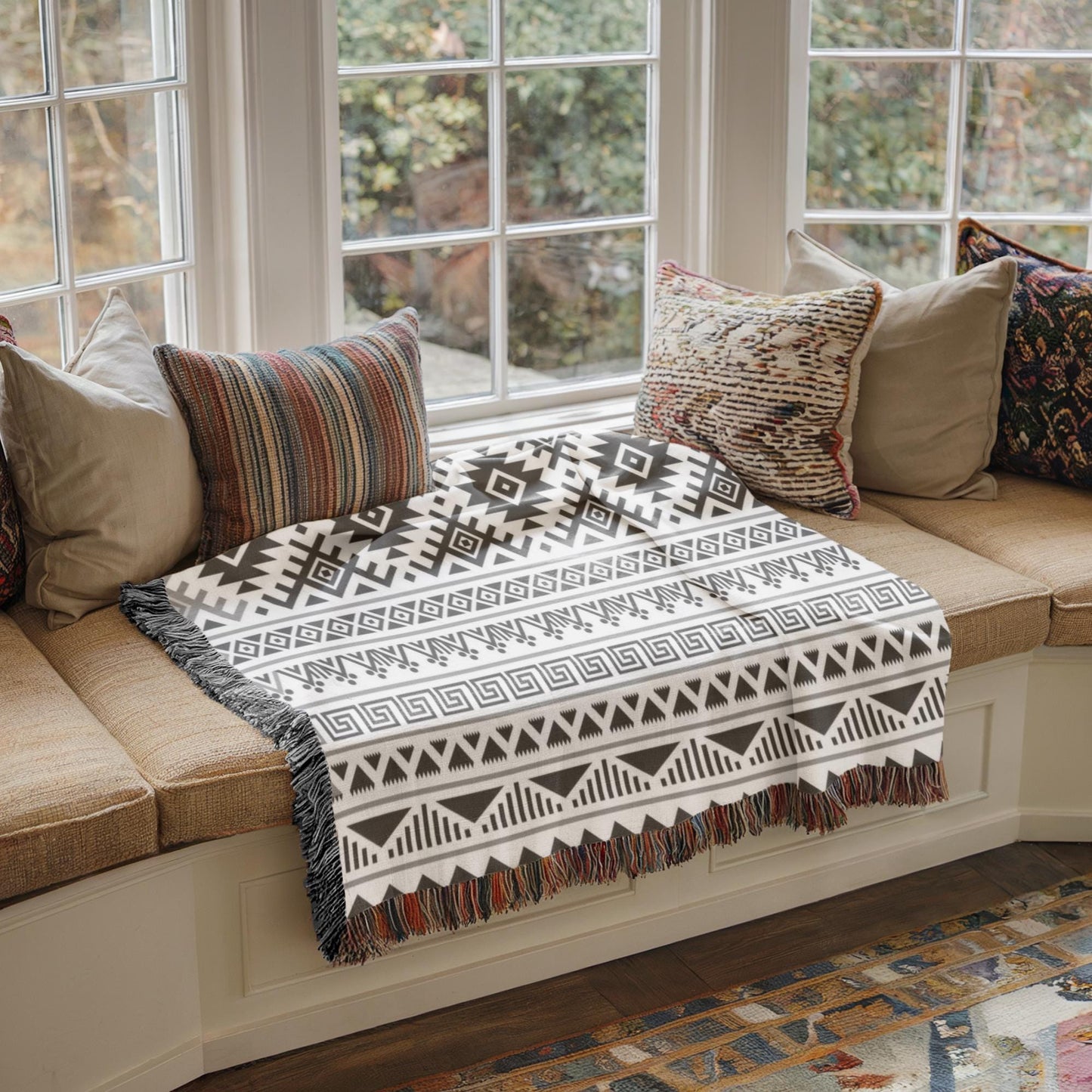 a cozy and inviting living space with a large window overlooking a lush garden. The window is adorned with several pillows, creating a comfortable seating area. A patterned blanket is draped over the window sill, adding a touch of warmth and texture to the scene. The overall atmosphere of the image is one of relaxation and tranquility, with the natural elements outside complementing the indoor comfort provided by the pillows and blanket.